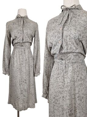 80s Par Avon Midi Dress Size XS Greige Button Front Vintage Business Casual